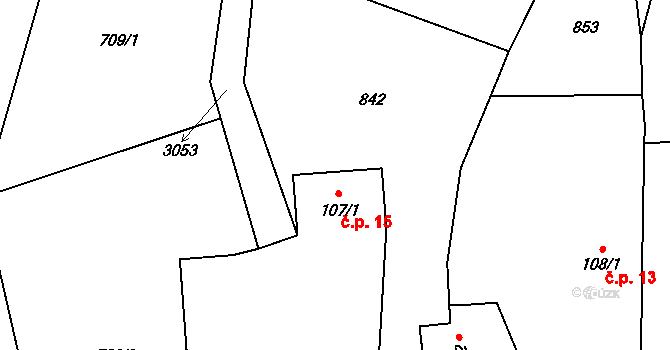 Masty 15, Bílý Újezd na parcele st. 107/1 v KÚ Masty, Katastrální mapa