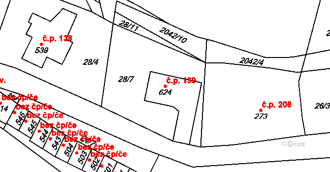 Mladé Buky 139 na parcele st. 624 v KÚ Mladé Buky, Katastrální mapa