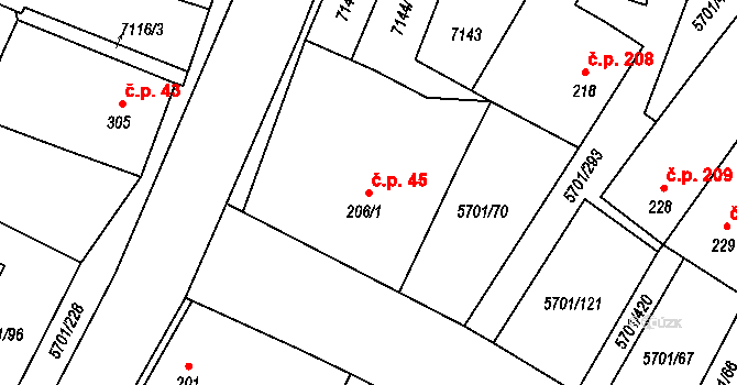 Hrádek 45 na parcele st. 206/1 v KÚ Hrádek u Znojma, Katastrální mapa