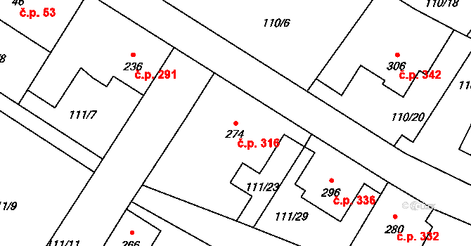 Josefův Důl 316 na parcele st. 274 v KÚ Josefův Důl u Jablonce nad Nisou, Katastrální mapa