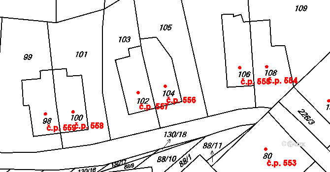 Šardice 556 na parcele st. 104 v KÚ Šardice, Katastrální mapa
