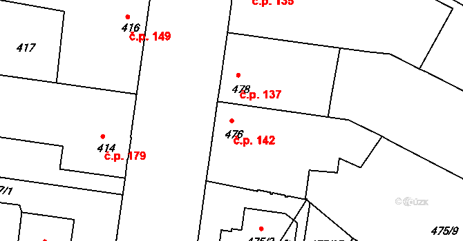 Mochov 142 na parcele st. 476 v KÚ Mochov, Katastrální mapa