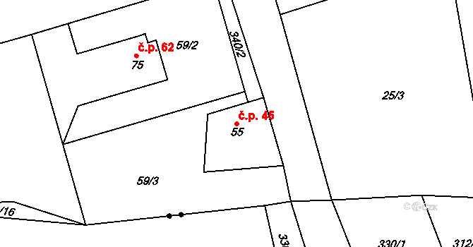 Třenice 45, Cerhovice na parcele st. 55 v KÚ Třenice, Katastrální mapa