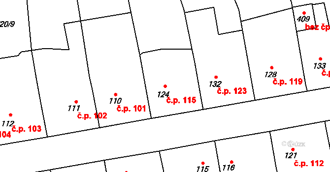 Stěžery 115 na parcele st. 124 v KÚ Stěžery, Katastrální mapa