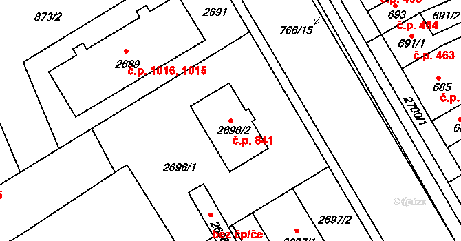Hulín 841 na parcele st. 2696/2 v KÚ Hulín, Katastrální mapa