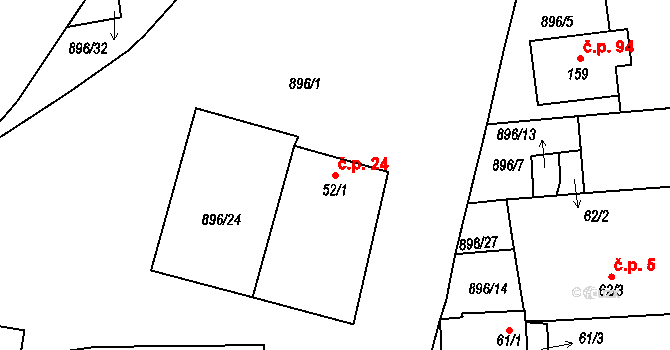 Křenovice 24, Dubné na parcele st. 52/1 v KÚ Křenovice u Dubného, Katastrální mapa