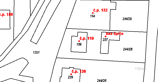 Kladeruby 119 na parcele st. 189 v KÚ Kladeruby, Katastrální mapa
