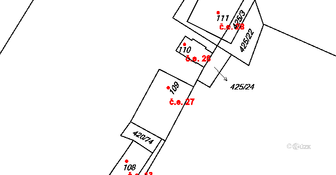 Bežerovice 27, Sudoměřice u Bechyně na parcele st. 109 v KÚ Bežerovice, Katastrální mapa