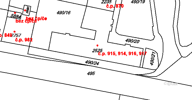 Horka-Domky 914,915,916,917, Třebíč na parcele st. 2525 v KÚ Třebíč, Katastrální mapa