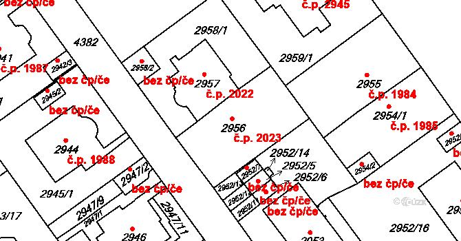 Teplice 2023 na parcele st. 2956 v KÚ Teplice, Katastrální mapa