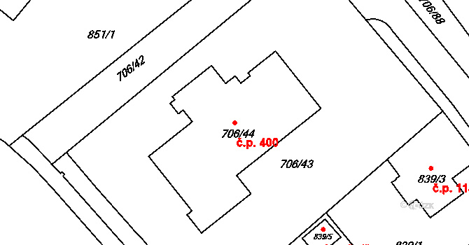 Frýdek 400, Frýdek-Místek na parcele st. 706/44 v KÚ Frýdek, Katastrální mapa