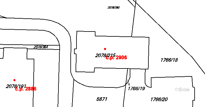 Záběhlice 2906, Praha na parcele st. 2078/215 v KÚ Záběhlice, Katastrální mapa