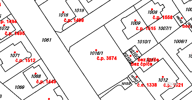 Chomutov 3574 na parcele st. 1016/1 v KÚ Chomutov I, Katastrální mapa