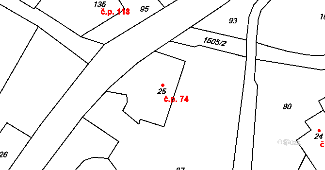 Kunratice 74 na parcele st. 25 v KÚ Kunratice u Frýdlantu, Katastrální mapa