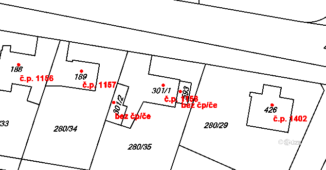 Nový Hradec Králové 1158, Hradec Králové na parcele st. 301/1 v KÚ Kluky, Katastrální mapa