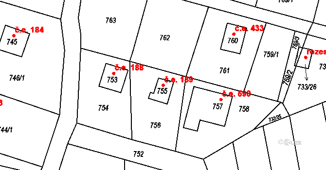 Horákov 189, Mokrá-Horákov na parcele st. 755 v KÚ Horákov, Katastrální mapa