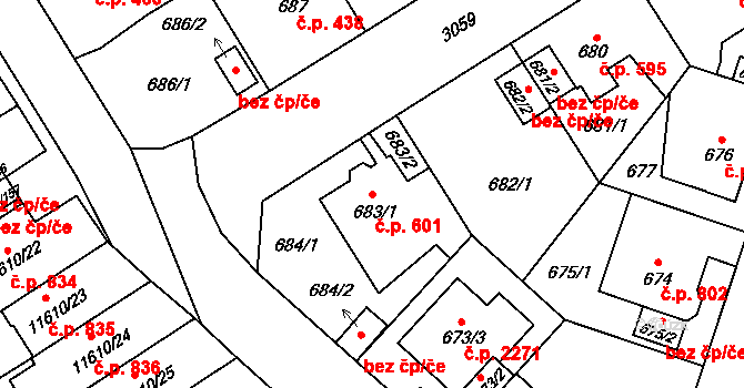 Bolevec 601, Plzeň na parcele st. 683/1 v KÚ Bolevec, Katastrální mapa