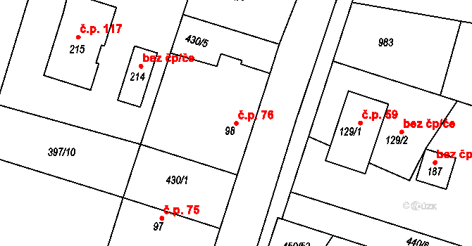 Veletov 76 na parcele st. 98 v KÚ Veletov, Katastrální mapa
