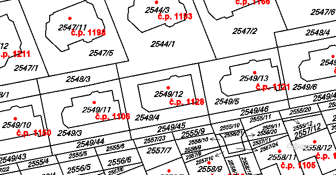 Komín 1128, Brno na parcele st. 2549/12 v KÚ Komín, Katastrální mapa