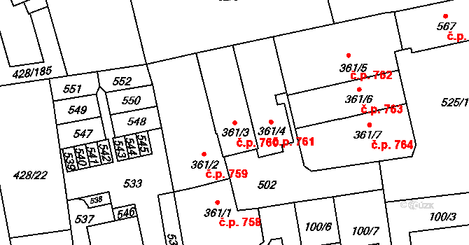 Horoměřice 760 na parcele st. 361/3 v KÚ Horoměřice, Katastrální mapa