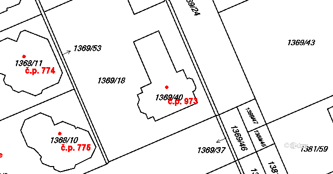 Černice 973, Plzeň na parcele st. 1369/40 v KÚ Bručná, Katastrální mapa