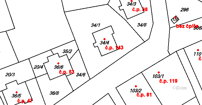 Hřivčice 143, Peruc na parcele st. 34/4 v KÚ Hřivčice, Katastrální mapa