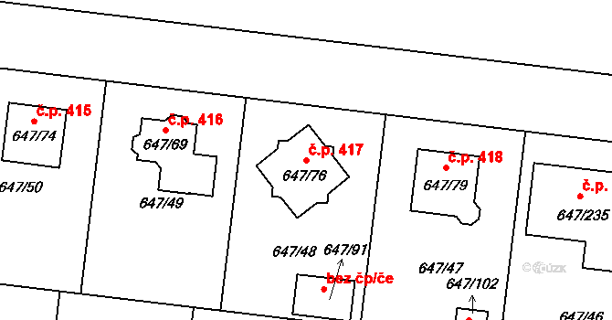 Jirny 417 na parcele st. 647/76 v KÚ Jirny, Katastrální mapa
