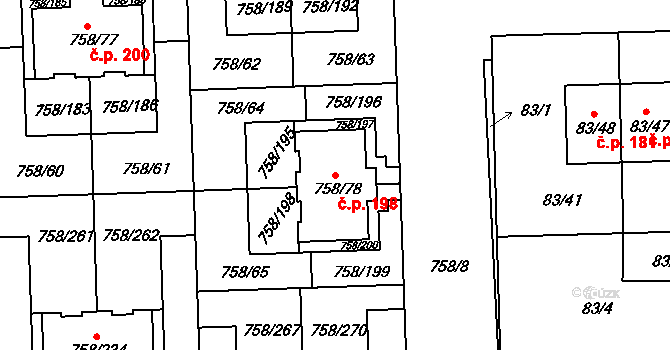 Blížejov 198 na parcele st. 758/78 v KÚ Blížejov, Katastrální mapa