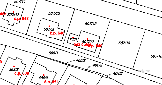 Blučina 649 na parcele st. 507/22 v KÚ Blučina, Katastrální mapa