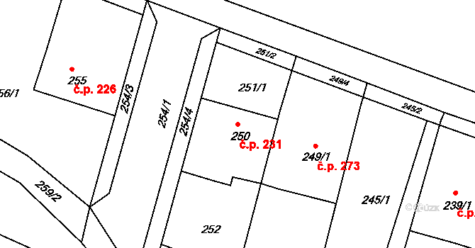 Lípa 231 na parcele st. 250 v KÚ Lípa nad Dřevnicí, Katastrální mapa