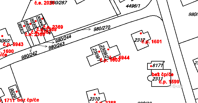 Zlín 1603 na parcele st. 2309/1 v KÚ Zlín, Katastrální mapa