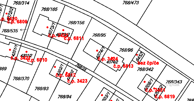 Zlín 3424 na parcele st. 4074/1 v KÚ Zlín, Katastrální mapa