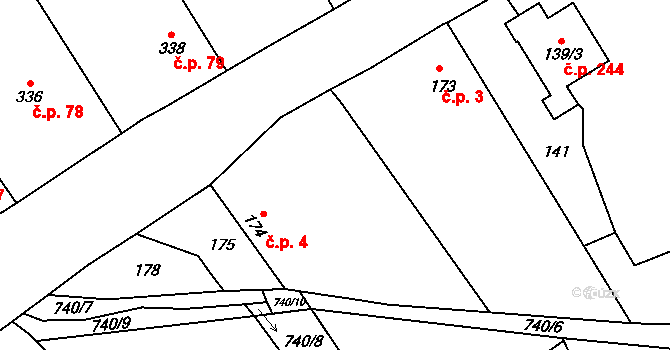 Hněvošice 4 na parcele st. 174 v KÚ Hněvošice, Katastrální mapa