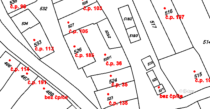 Kobeřice u Brna 36 na parcele st. 525/1 v KÚ Kobeřice u Brna, Katastrální mapa