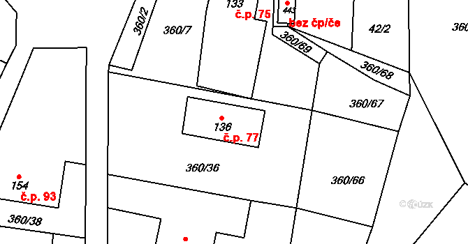 Prosetín 77 na parcele st. 136 v KÚ Prosetín u Hlinska, Katastrální mapa