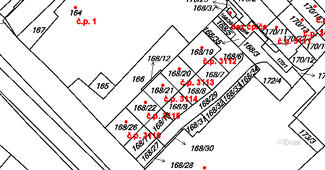 Milovice 3114 na parcele st. 168/21 v KÚ Milovice nad Labem, Katastrální mapa