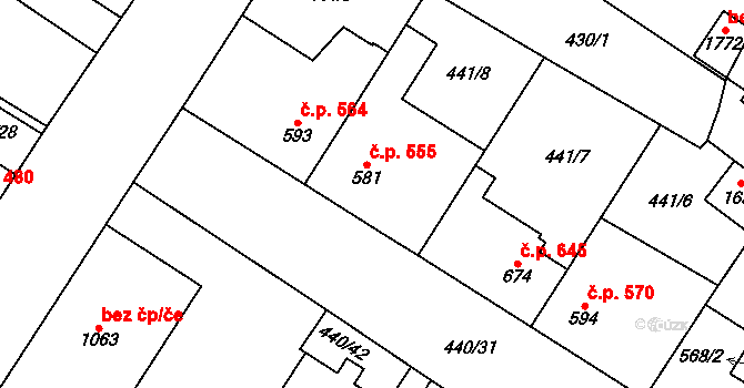 Kostelec nad Labem 555 na parcele st. 581 v KÚ Kostelec nad Labem, Katastrální mapa