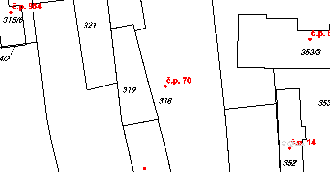 Průhonice 70 na parcele st. 318 v KÚ Průhonice, Katastrální mapa
