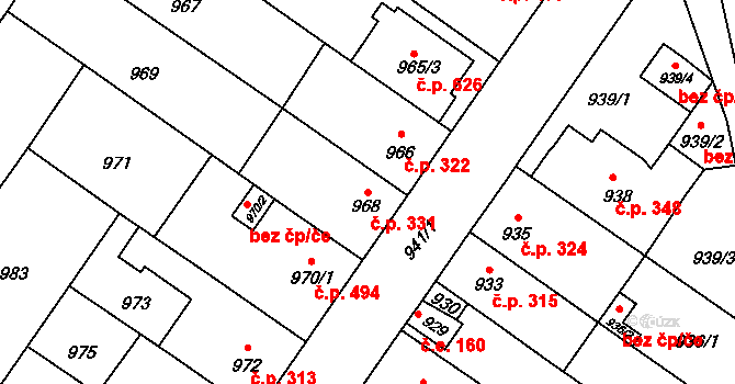Rájec 331, Rájec-Jestřebí na parcele st. 968 v KÚ Rájec nad Svitavou, Katastrální mapa