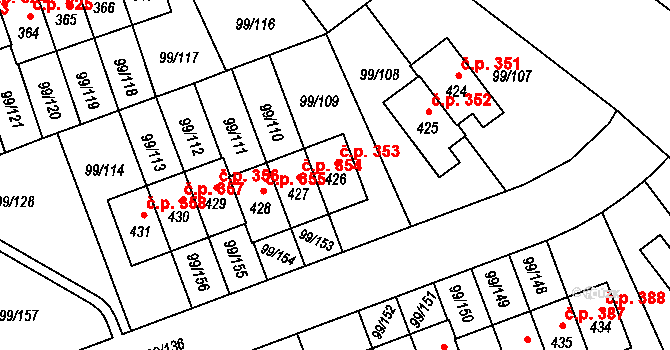 Drahelčice 352 na parcele st. 425 v KÚ Drahelčice, Katastrální mapa