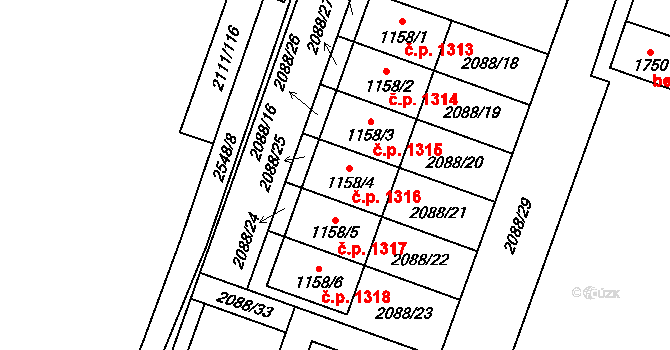 Polná 1316 na parcele st. 1158/4 v KÚ Polná, Katastrální mapa