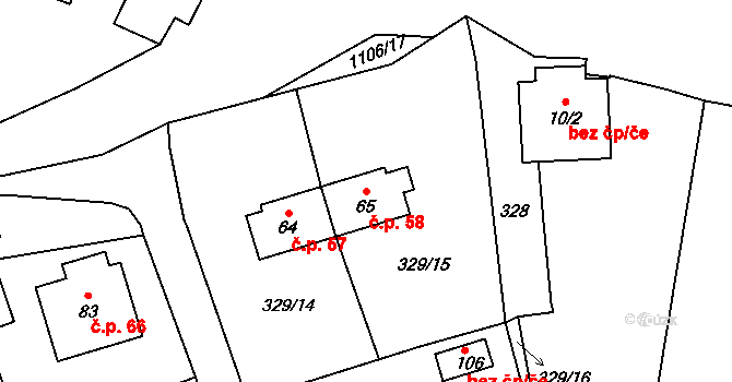 Chvalovice 58 na parcele st. 65 v KÚ Chvalovice u Netolic, Katastrální mapa