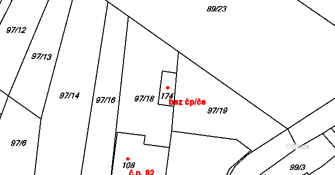 Náklo 95012109 na parcele st. 174 v KÚ Mezice, Katastrální mapa