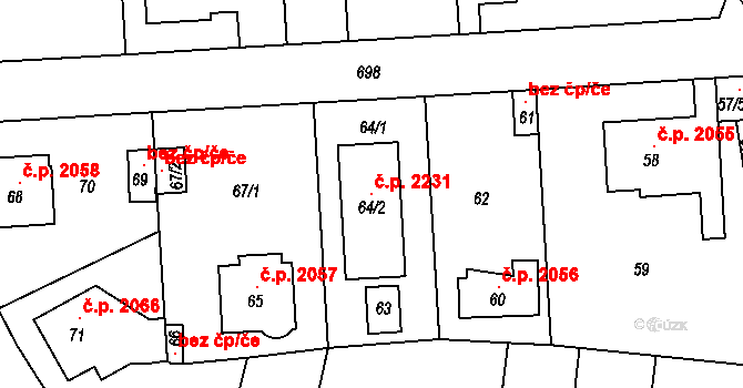 Komořany 2231, Praha na parcele st. 64/2 v KÚ Komořany, Katastrální mapa