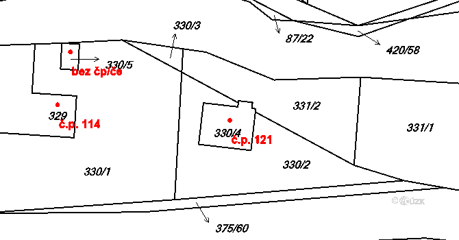 Útušice 121 na parcele st. 330/4 v KÚ Útušice, Katastrální mapa