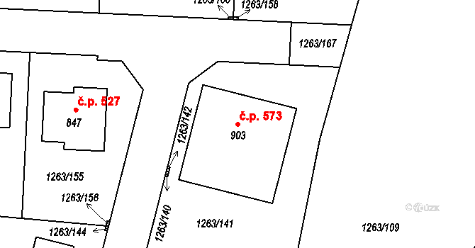 Doksy 573 na parcele st. 903 v KÚ Doksy u Kladna, Katastrální mapa