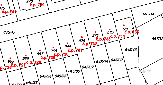 Lišov 732 na parcele st. 970 v KÚ Lišov, Katastrální mapa