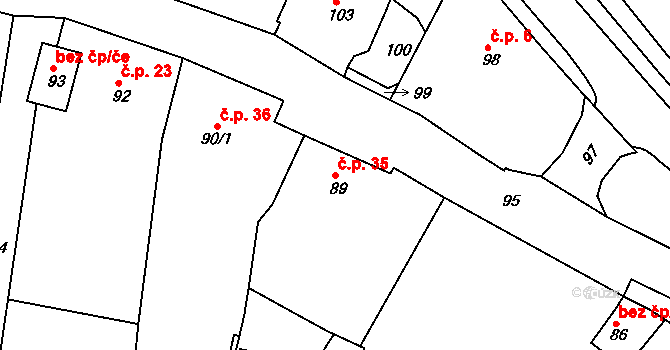Sadov 35 na parcele st. 89 v KÚ Sadov, Katastrální mapa