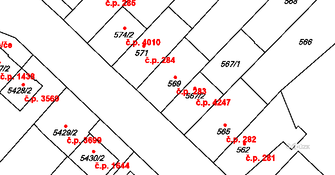 Jihlava 283 na parcele st. 569 v KÚ Jihlava, Katastrální mapa
