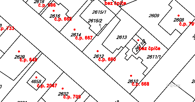 Čelákovice 680 na parcele st. 2612 v KÚ Čelákovice, Katastrální mapa